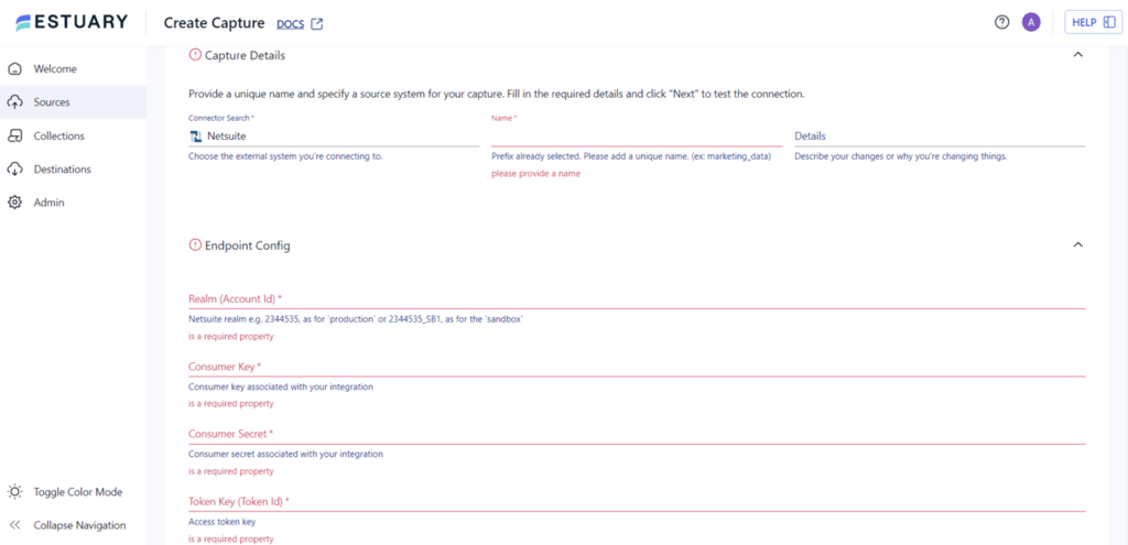 Netsuite to Bigquery - Capture Details - Endpoint Configuration