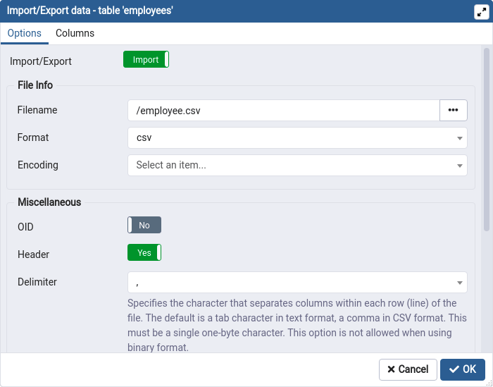 CSV to PostgreSQL - Start Import