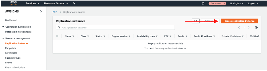 SQL Server to DynamoDB - Replication instance page