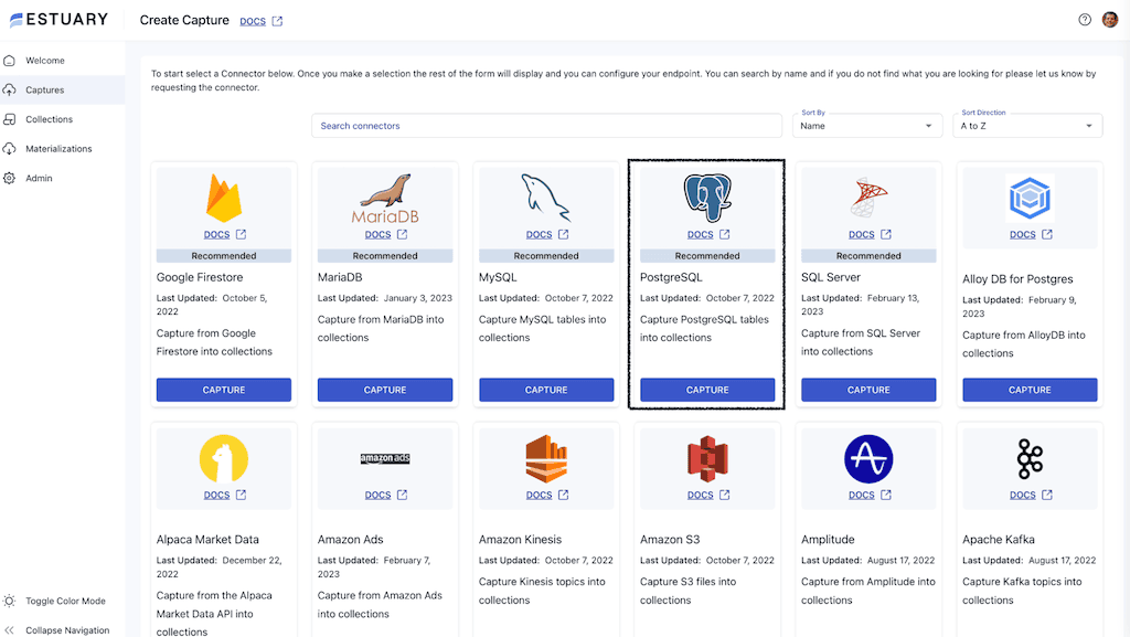 Postgres to Elasticsearch - postgres connector in estuary flow app 