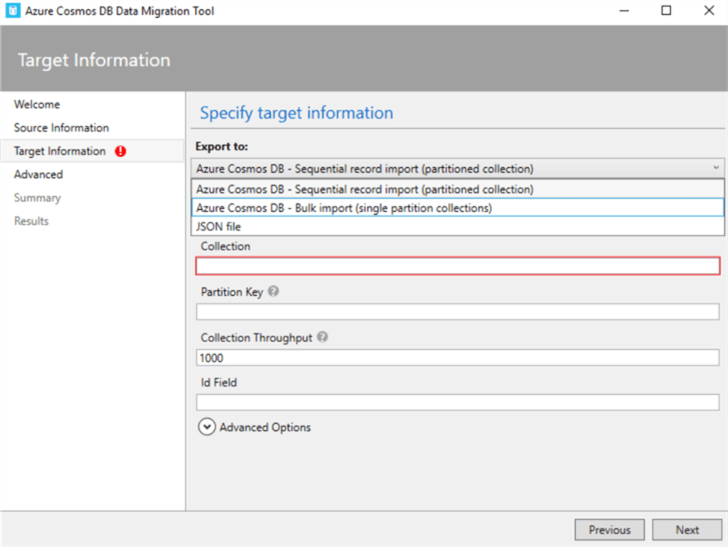 SQL Server to CosmosDB - Target Information Page