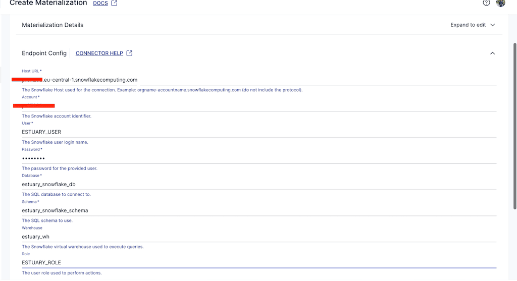 Postgres to Snowflake - Create Materialization - Endpoint Config Details