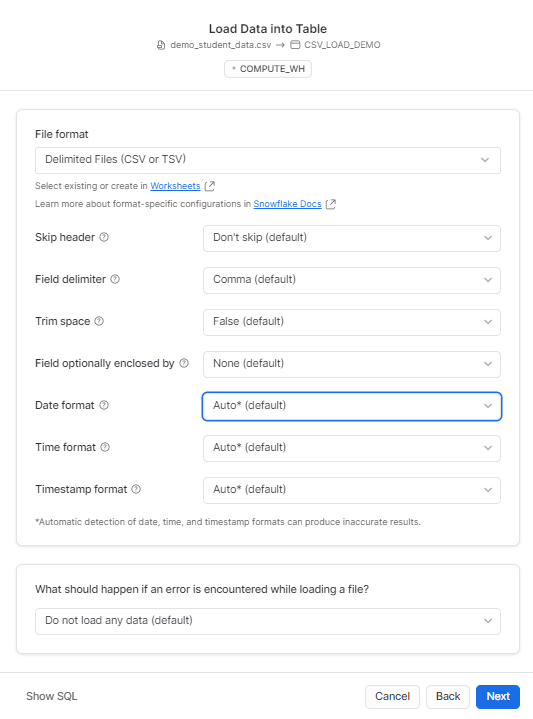 aircall to snowflake - selecting file format in snowflake