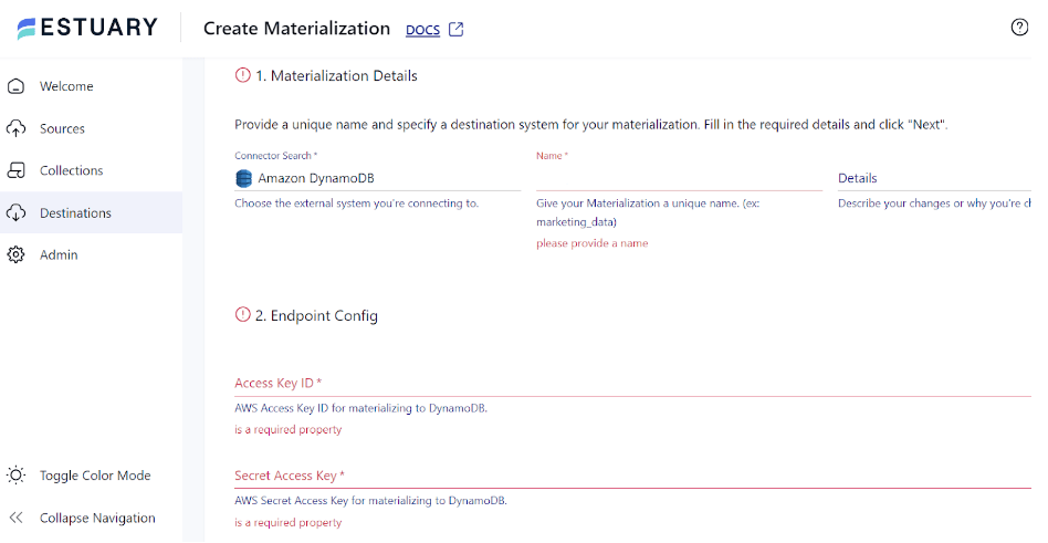 MySQL to DynamoDB - Destination Specify Details page