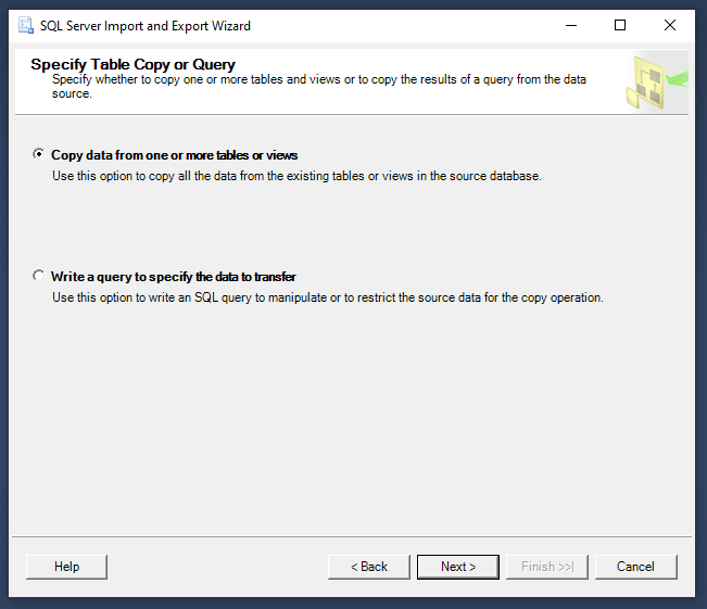 SQL Server to MySQL - specify table copy or query