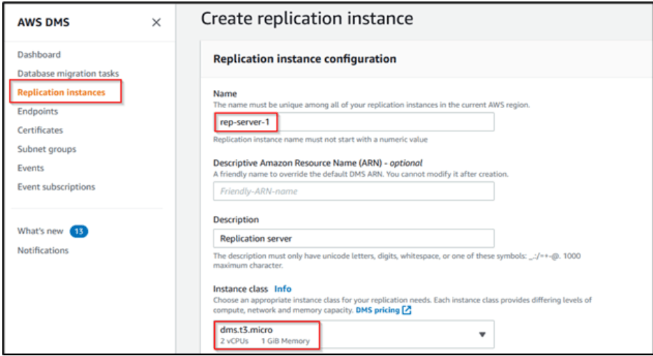 mongodb to dynamodb - create replicationi instance page